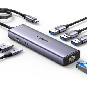 UGREEN 6-in-1 USB-C To 3*USB 3.0 A/HDMI/RJ45/ 100W PD Multi-function Hub – CM512 (UG-15598) – Gray
