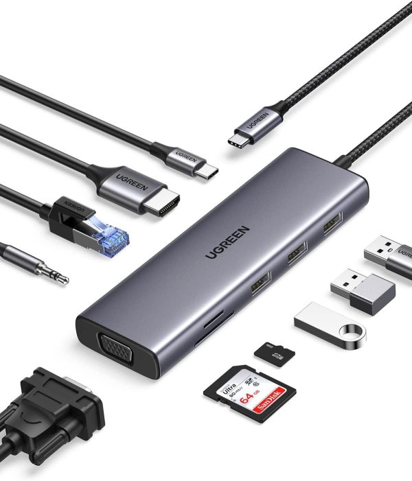 UGREEN USB-C 10-in-1 Docking Station with 4K HDMI and VGA, 1Gbps Ethernet, 100W PD, 3 USB 3.0 Ports, 3.5mm Audio Jack, SD/TF Card Slots, Multi Adapter