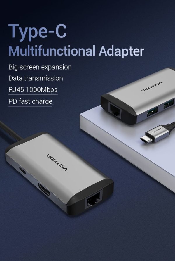 Vention CNCHB Type-C to HDMI/USB3.0 * 3/RJ45/PD Converter 0.15M
